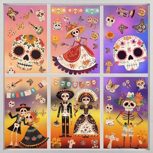 Halloween Window Clings for Glass Windows, Dia de Los Muertos Decorations | 9 Sheets Day Of The Dead Window Stickers, Mexican Fiesta Holiday Party Decor Indoor with Sugar Skull, Skeleton Musical Decals - color: Día De Muertos