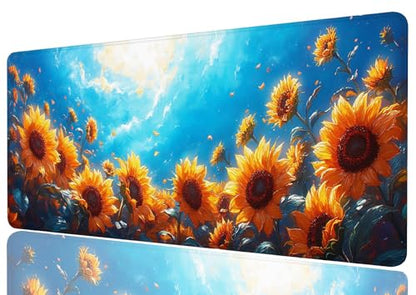 Sunflower Field Large Mouse Pad Blue Sky Golden Petals Summer Light Painting Gaming Mouse Pad Mat with Stitched Edge Non-Slip Base 31.5x11.8 Inch - color: Sunflower Field