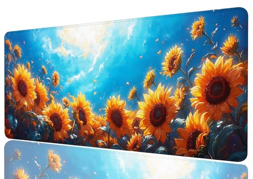 Sunflower Field Large Mouse Pad Blue Sky Golden Petals Summer Light Painting Gaming Mouse Pad Mat with Stitched Edge Non-Slip Base 31.5x11.8 Inch - color: Sunflower Field