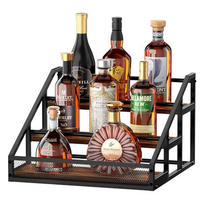 B4Life 3-Tier Liquor Bottle Display Shelf, Countertop Liquor Wine Rack, Bottle Storage Organizer for Whiskey and Spirits, Retro Bar Shelves and Shelf Stand, Mini Liquor Cabinet