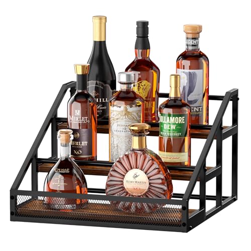 B4Life 3-Tier Liquor Bottle Display Shelf, Countertop Liquor Wine Rack, Bottle Storage Organizer for Whiskey and Spirits, Retro Bar Shelves and Shelf Stand, Mini Liquor Cabinet