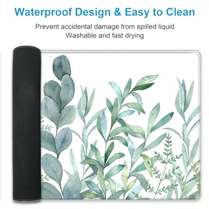XXL Waterproof Office Desk Pad Protector 31.5x11.8 Inch - Extended Gaming Mouse Pad with Non-Slip Rubber Base, Thickened Keyboard Mat, Stitched Edges & Green Plants Design - color: Green White