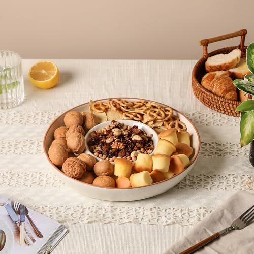 FUN ELEMENTS Ceramic Chips and Dip Serving Tray: 12 Inch Large Divided Bowls Set for Salsa, Veggies & Dip, Appetizers, Snacks, Fruit, Candy, Free-Form Serving Dish Platter for Parties Hosting