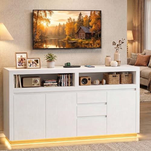 FACBOTALL 63" W Modern TV Stand, Large Entertainment Center with Storage Cabinets & Drawers, Media Console Cabinet up to 70 Inch with LED Lights & Power Outlet, TV Consoles for Living Room, White - color: White