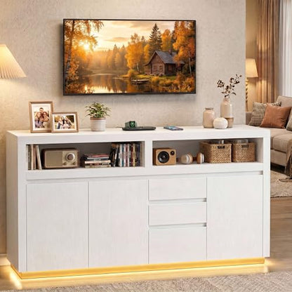 FACBOTALL 63" W Modern TV Stand, Large Entertainment Center with Storage Cabinets & Drawers, Media Console Cabinet up to 70 Inch with LED Lights & Power Outlet, TV Consoles for Living Room, White - color: White