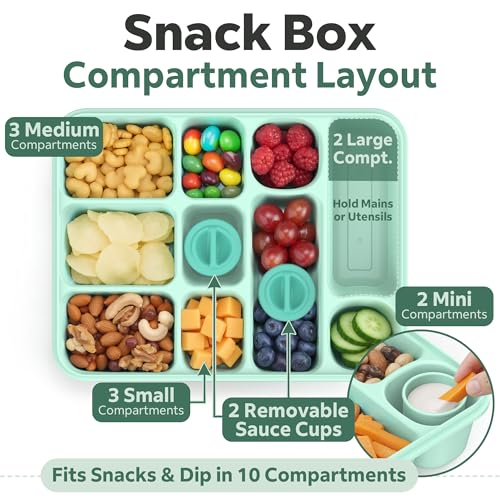 Snackle Box Container for Adults with 10 Compartment, Divided Serving Tray with Lid and Handle and 2 Sauce Containers, Portable Snack Box Container for Charcuterie Party Travel, Green - color: Green
