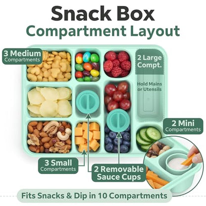 Snackle Box Container for Adults with 10 Compartment, Divided Serving Tray with Lid and Handle and 2 Sauce Containers, Portable Snack Box Container for Charcuterie Party Travel, Green - color: Green