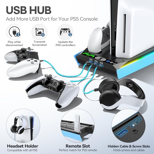 Rysker PS-5/Slim/Pro Stand for Disc & Digital, PS-5 Cooling Station with Dual Controller Charger for PS-5 Console, 3-Level Fan PS-5 Controller Charger Accessories Stand (Starlight Blue) - color: Starlight Blue