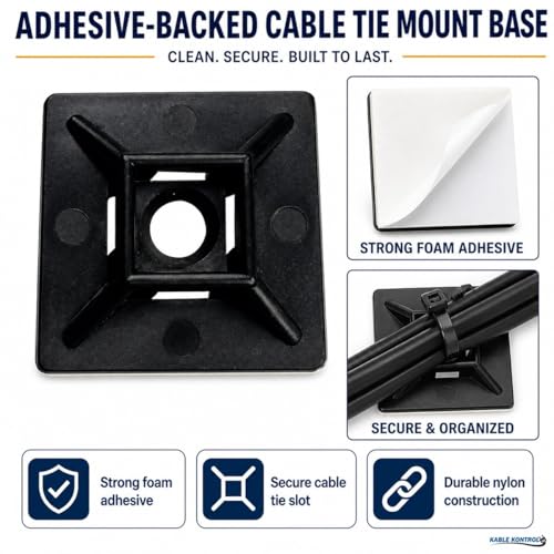 Kable Kontrol Zip Tie Mounts, 1” Sq, Black, 100 Pcs, Adhesive Backed Multi-Purpose UV-Resistant Mounting Squares Nylon Cable Tie Wrap Anchor Pads for Cable Management - color: Black, size: 1" Inch Square - 100 Pcs