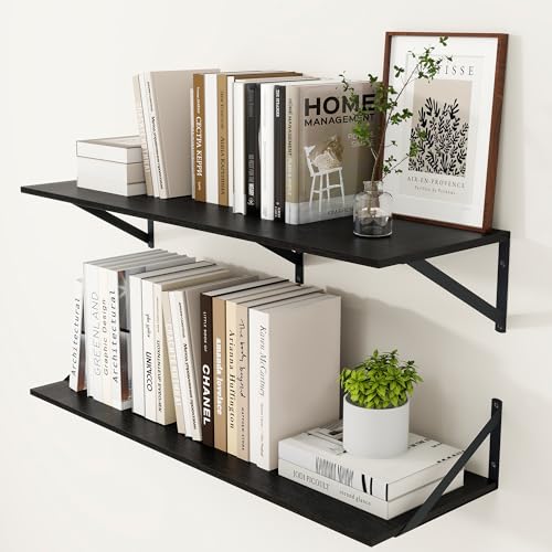 Heimlove Black Deep Floating Shelves for Wall, 36W x 12D Wood Wall Shelves Set of 2, Wide Floating Bookshelf for Living Room, Kitchen, Office, Bedroom and Decor Storage, with Metal Bracket - Black - color: Black With Black Metal Bracket, size: 36wx12dx5.8