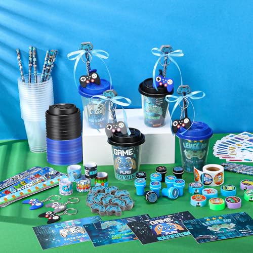 Watersay 110 Pcs Video Game Party Favors Set Includes Drink Cup with Lid Game Card Pencil Sharpener Eraser Stickers Slap Bracelet Keychain Stamp Sticker Ribbon for Gamer Birthday Level Party