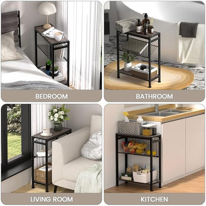 Side Table for Small Space, 3-Tier Narrow End Tablewith Magazine Holder,Slim Nightstand, Skinny Snack Couch Table in Living Room, Bedroom Study and Balcony(Ash Brown) - color: Ash Brown