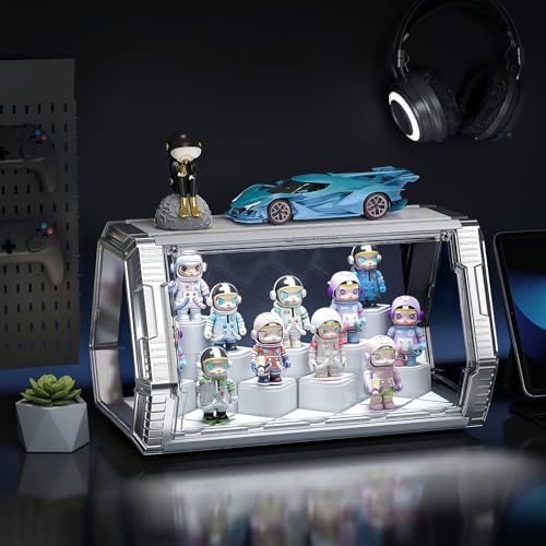 Space Capsule Acrylic Display Case for Collectibles, 2-Tier Anime Figure Display Box with LED Lights & Sound Activated, Magnetic Door, No Assembly, Stackable(White Column Style, 14.1x8.2x8.2In) - size: White & Silver（14.1 x 8.21 x 8.21 inches）