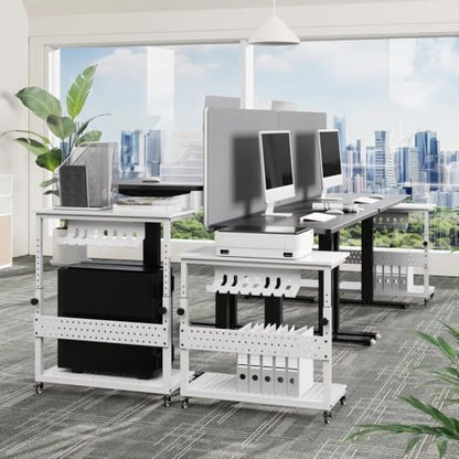 Garvee PC Computer Tower Stand with Wheels, 2-Tier Adjustable CPU Holder Cart, Rolling Mobile Desk Stand with Cable Management & Hooks, Small Side Table for Home Office/Gaming, White - color: White