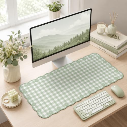 Cute Green Scalloped Desk Mat Checkered Gingham Large Mouse Pad Kawaii Vintage Farmhouse-Inspired Cottagecore Office Desk Decor Stitched Nonslip Pad for Computer Keyboard & Mouse 31 * 15.7in - color: A1- Green