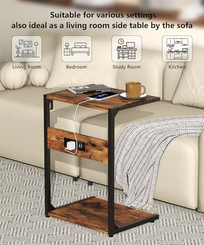 Akxomel 2 Tier Computer Tower Stand with Charging Station, 11.8" D x 16.5" W Rolling Floor PC Tower Stand Fits Under Desk, CPU Holder Cart for Carpet with Hooks, C Shaped End Table for Home Office - color: Rustic Brown
