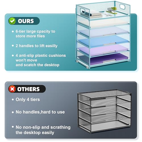 Marbrasse 6 Tier Paper Organizer Letter Tray - Mesh Desk File Organizer with Handle, Paper Sorter for Letter/A4 Office File Folder Holder -Blue - color: 6 Tier - Blue