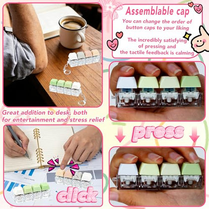 2 PCS 4-in-1 Keyboard Fidget Toy Keychain, Finger Clicky Button Toy Stress Relief Keychain with Swappable Keycaps, Mini Mechanical Key Fidget for Office Desk Focus Gifts (White Green Gray Pink) - color: White Green Gray Pink