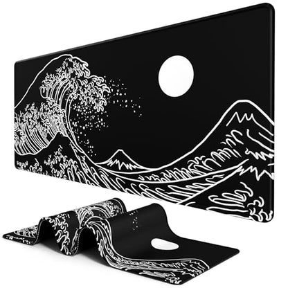 BOSOBO Large Desk Pad, XXL Extended Gaming Mouse Pad & Keyboard Mat, Desktop Full Cover 31.5 x 11.8 Inches, Art Japan Kanagawa Wave Black - color: Art Japan Kanagawa Wave, size: XL - 31.5 x 11.8 Inches