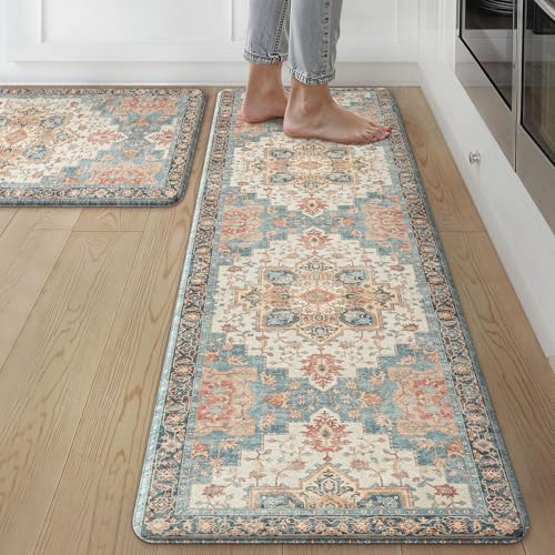 GENIMO Kitchen Mats for Floor 2PCs, Washable Anti Fatigue Mat for Cushioned, 17.3"x59"+17.3"x30", Waterproof Kitchen Rugs, Non Slip Comfort Standing Mat Rug for Home, Sink, Laundry, Blue&Salmon - color: Blue&salmon, size: 17.3"x59"+17.3"x30"--0.4 inches