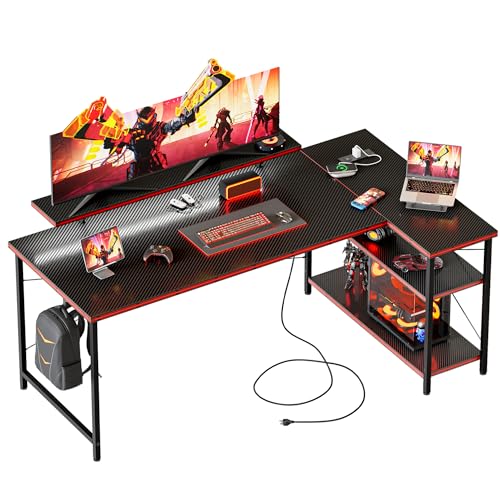 Mericonia Small L Shaped Computer Desk with Power Outlets, Reversible Gaming Desk with Storage Shelves & Monitor Stand, Corner Gamer Desk Table, Study Writing Table - color: Carbon Fiber, size: 55 inch