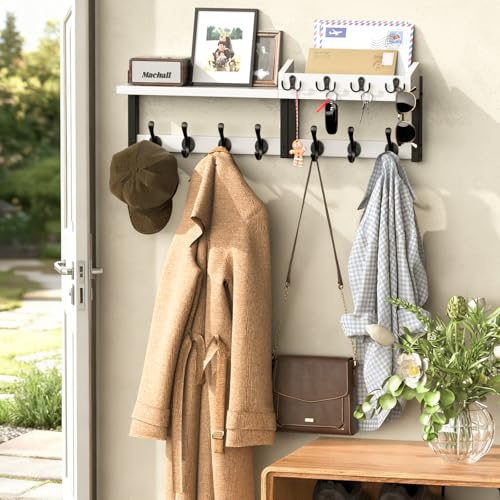 29'' White Coat Rack Wall Mount with Shelf, Solid Wood Coat and Key Hanger with 11 Metal Hooks, Farmhouse Wall Organizer for Mail, Entryway Wall Hangers for Hats, Clothes, Backpacks, Mudroom - color: White, size: 29Inch