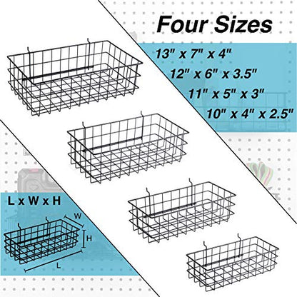 Pegboard Baskets, Set of 4 Black - Hooks to Any Peg Board - Pegboard Accessories, Square Style Wire Shelf Baskets - Organize Tools, Workbench, Garage Storage - Wall Organizer Attachments - size: a. Sizes S+M+L+XL Pack