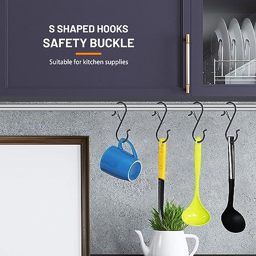 12 PCS S Hooks for Hanging with Safety Buckle | 3.5 inch Heavy Duty Metal S Shaped Hooks for Kitchen Utensil, Cups, Pots, Plants, Bags, Hats (Black) - color: Black