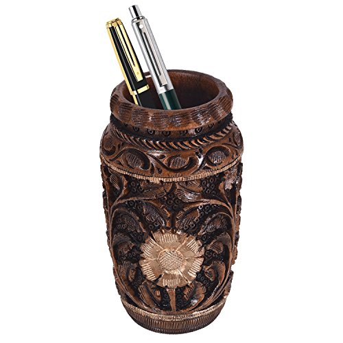 Craft Trade Hand Carved Wooden Pen Holder & Pencil Cup, Natural Wood Desk Organizer Storage Box - Leaf Maroon - color: Leaf Maroon
