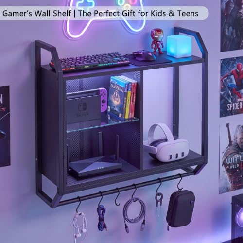 Gaming Floating Wall Shelves with Led Lights, Wall Mounted Shelf, 24" Led Lights and Adjustable Glass Bar Wine Shelf, Black Wall Shelf with 6 Hooks for Gaming Room Bedroom Living Room