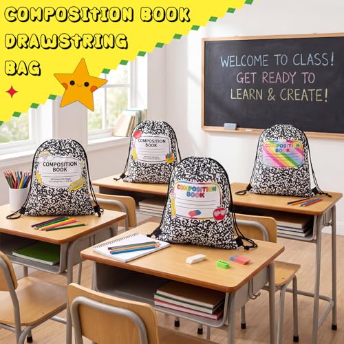 Yiyiring 16 Pcs Teacher Appreciation Drawstring Gift Bags, 12 x 10'' Composition Book Bag with 4 School Themed Designs Apples Pencils Gift Bags for Teacher End of Year Graduation Party (Composition) - style: Composition