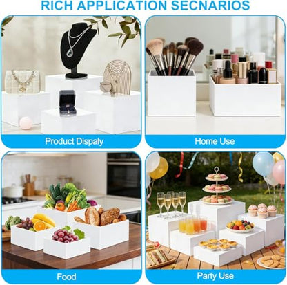6 Pcs Acrylic Buffet Risers, 3x4x5x6x7x8 Inch Food Risers for Buffet Table, Catering Dessert Cake Holder for Party, Collectibles Jewelry Display Shelf, Stackable Cube Boxes Display with Hollow Bottoms