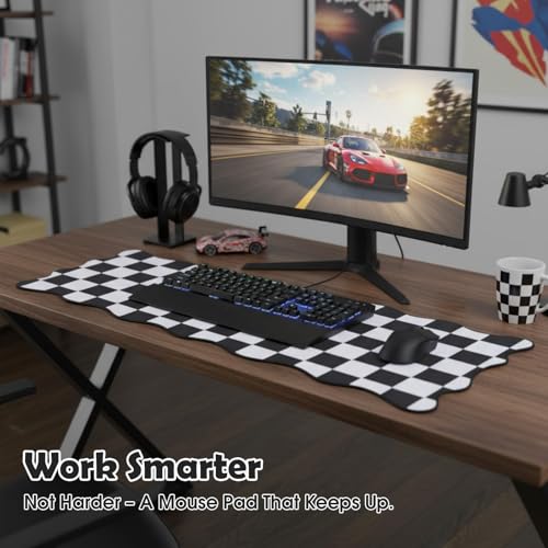 Copkim 1 Pcs Black Scalloped Checkered Desk Mat 31.5 x 11.8 Inch Large Cute Mouse Pad Computer Mat Non Slip Waterproof Rubber Base with Border Stitching Soft Keyboard Pad for Home Office Gaming Makeup - color: Black, style: Checkered