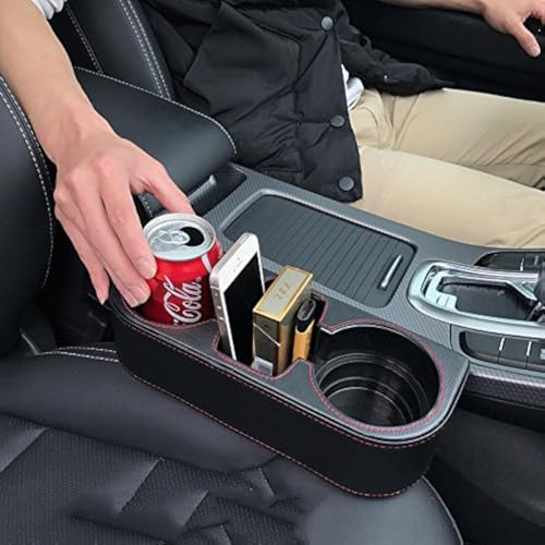 IOKONE Car Cup Holder, Auto Cup Drink Holders，Multifunctional Auto Front Seat Organizer with PU Leather Cover, Gap Filler Storage Box Coin Bucket Console Side Pocket Cell Mobile Phone Holder (Black) - color: Black