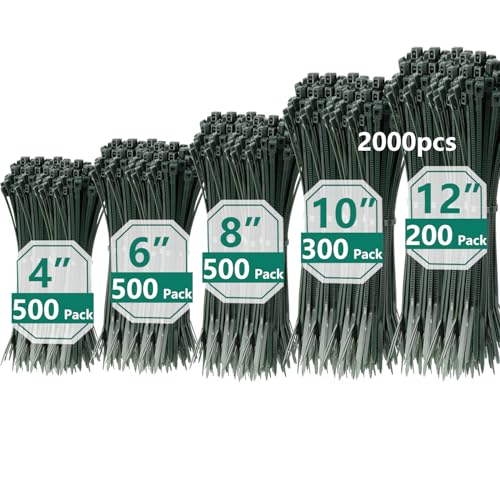 2000 PCS Zip Ties Assorted Sizes 4+6+8+10+12 Inch Self-locking Nylon Cable ties Outdoor, UV Resistant Wire Straps for Home Office Garden Workshop Indoor Outdoor Fence(garden green) - color: Garden Green, size: 4+6+8+10+12 inch(2000pcs)