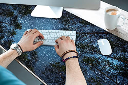 Extended Desk Mat (31.5x11.8 inch 3mm Thick), iDonzon Soft Cute Extra Large XXL Waterproof Gaming Mouse Pad with Non-Slip Rubber Base & Stitched Edges, for Working/Game, Forest Starry - color: Blue