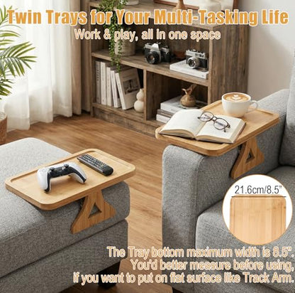 Couch Arm Tray, 13" × 9" Bamboo Foldable Sofa Armrest Table Tray Clip-On Desk for Eating TV Snacks Drinks Phone Remote, Natural Wood Wooden Holder Side Table for Armchair Recliner Small Spaces