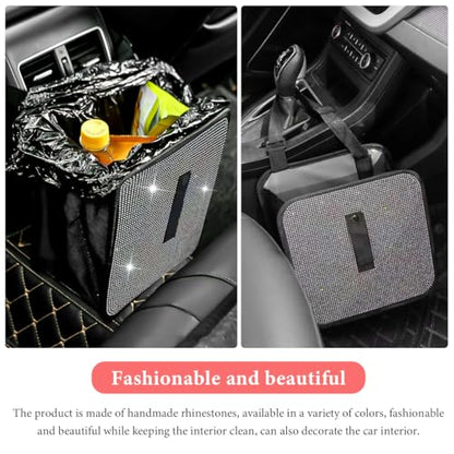 Car Foldable Trash Can, Bling Rhinestone Oxford Garbage Container Hanging Waterproof Organizer, Mini Crystal Dustbin Waste Basket Leakproof Trash Bin for Car Office Kitchen (AB) - color: AB