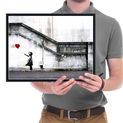 Wieco Art Framed Canvas Wall Art Giclee Canvas Prints of Banksy Grafitti Girl with Red Balloon Abstract Artwork for Wall Decor Home Decorations Black Frame - size: 16"L x 12"W