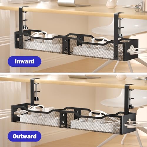 Under Desk Cable Management Tray 25.12", Extra Large Cable Management No Drill, Extended Cord Organizer with Adjustable Clamps, White