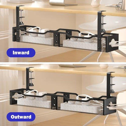 Under Desk Cable Management Tray 25.12", Extra Large Cable Management No Drill, Extended Cord Organizer with Adjustable Clamps, White
