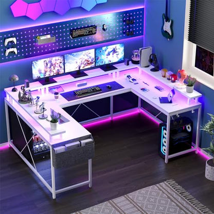 U Shaped Desk with Power Outlet & LED Lights, 79" Reversible Computer Desk with Monitor Stand, Wood Home Office Desks Gaming Desk with Shelving, Side Storage Pockets, White - color: White