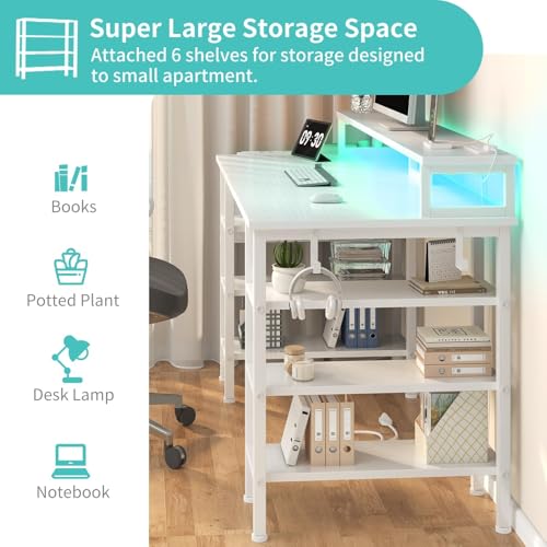 Lufeiya White Desk with Storage Shelves - 47 inch Home Office Gaming Desk with Monitor Stand, Computer Desk with LED Lights and Power Outlets, White - color: White