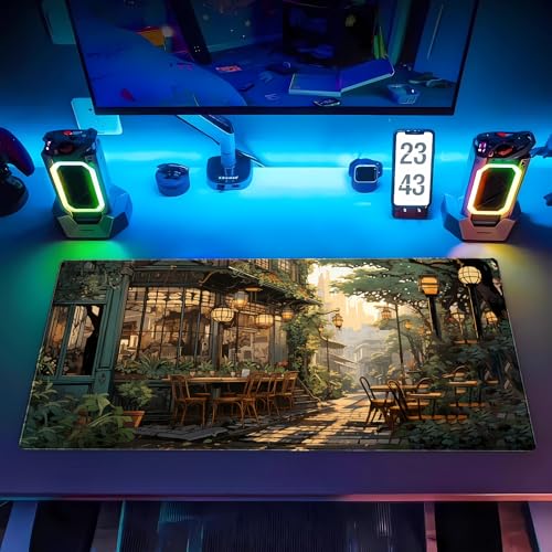 Extended Gaming Mouse Pad XL, Anime Street Desk Pad Mat 31.5x15.7, Non-Slip | Beautiful large desk pad with a cozy anime cafe street scene print. Ideal for healing visual desk setups. - color: Anime Street Scene