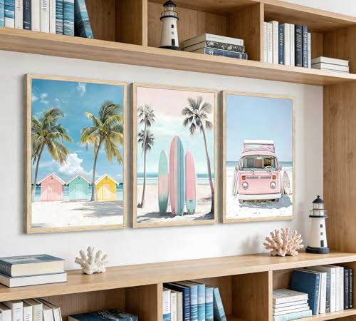 PeuYot 3 Piece Pink Coastal Beach Wall Art, Tropical Palm Tree Surfboard & Retro Van Canvas Print, Unframed Seaside Beach Hut Poster Set for Bathroom Bedroom Living Room Wall Decor, 16x24 Inches - color: Macaron Coast, size: 24"L x 16"W