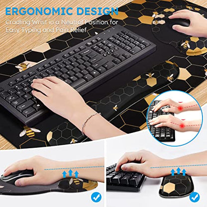 iCasso Desk Mat, Gaming Mouse Pad Wrist Support Set,4in1 XXL Large Mousepad + Keyboard Wrist Rest+Mouse Wrist Rest+Coaster Set with Ergonomic Design for Home Office Table Computer-Honeycomb - color: Honeycomb