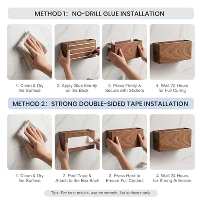 Remote Holder Hole-Free, Self-Adhesive Storage Wooden Box Large | Wall Mounted or Desk Mounted Container for Remote Phone Pencil Stationery Accessories Placement - size: Large
