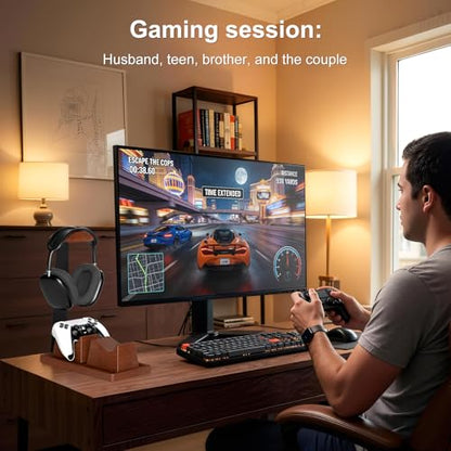 UPERGO Headset Stand with 2 Controller Holders - Solid Wood & Metal Gaming Headphone Holder for Switch, Controllers, and Desk Accessories (Wood) - color: Wood