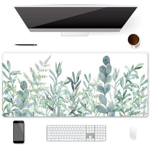 XXL Waterproof Office Desk Pad Protector 35.4x15.7 Inch - Extended Gaming Mouse Pad with Non-Slip Rubber Base, Thickened Keyboard Mat, Stitched Edges & Green Plants Design - color: A-green
