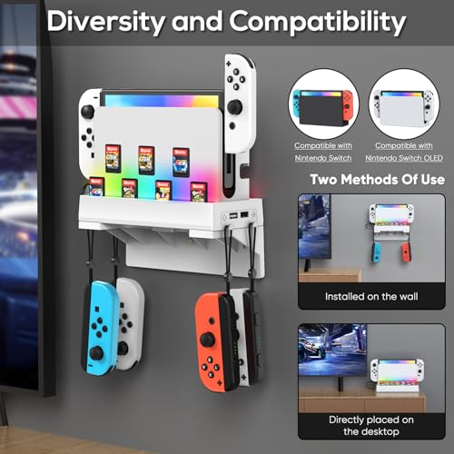 RGB Switch Wall Mount for Nintendo Switch/OLED, Games Console Wall Shelf with 7 Light Mode,Station Stand Holder for Switch Console, 7 Game Card Slots, 4 Controller Storage Hook for Switch Accessories - size: White